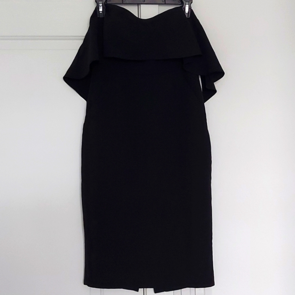 Black strapless caped dress